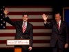 Paul Ryan and Mitt Romney waving to crowd