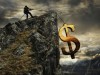 image of golden dollar-bill symbol held by rope dangling off cliff